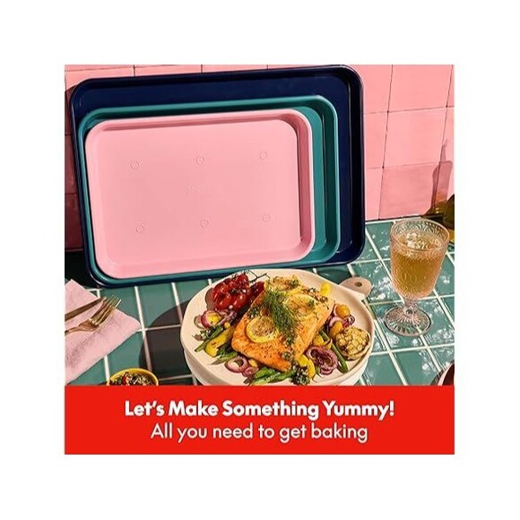 SO YUMMY BY BELLA 3 PIECE COOKIE PAN SET BAKEWARE RECTANGULAR TRAYS MULTICOLOR - Picture 4 of 4